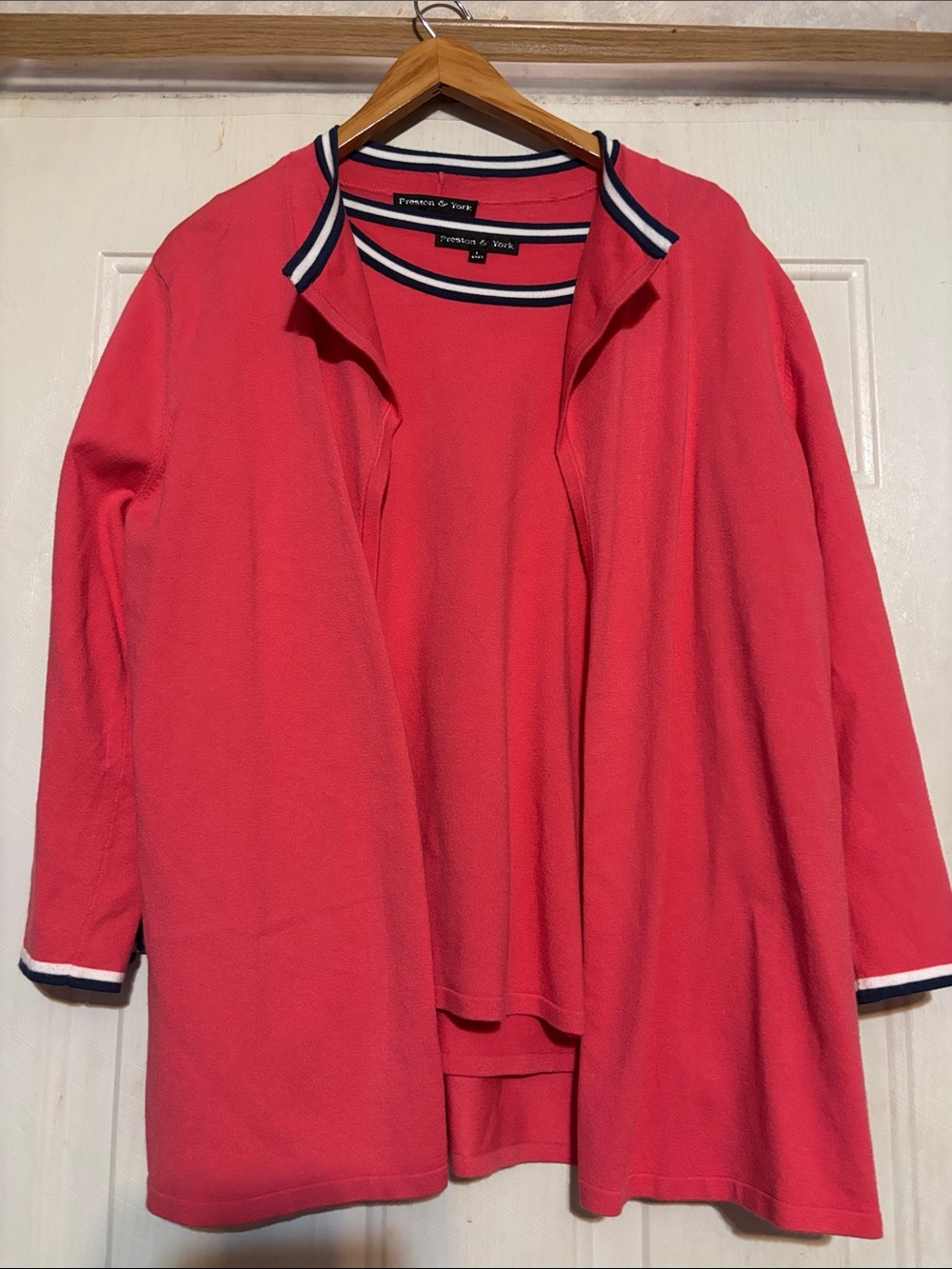 Preston & York Coral Pink cardigan Sweater Set with Navy Trim